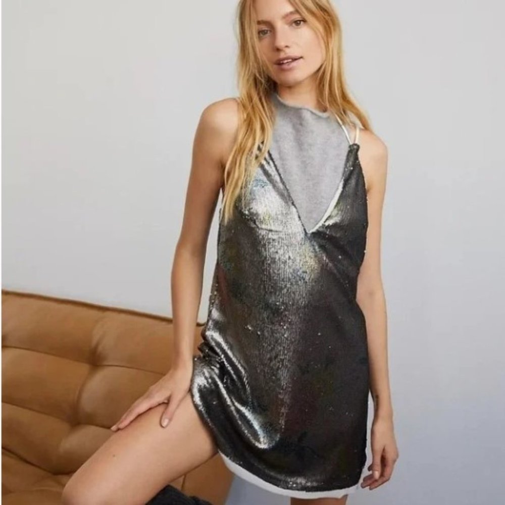 Like New! Free People Sz S Double Take Floral Printed Sequin Slip Mini Dress